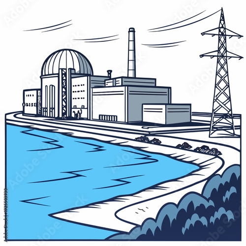 A nuclear power plant with a large body of water