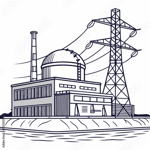 A nuclear power plant with a cooling tower and electrical transmission lines