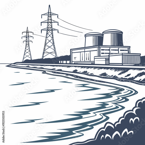 A nuclear power plant by the sea with transmission towers