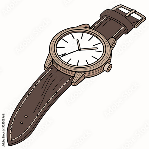 Elegant illustration of a classic analog wristwatch with a brown leather strap, symbolizing time and style.
