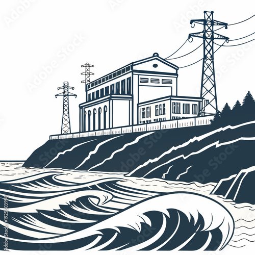 A building on a cliff overlooking the ocean with power lines