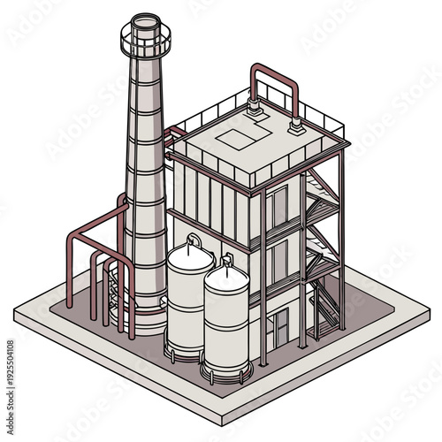 Industrial facility with smokestack and storage tanks