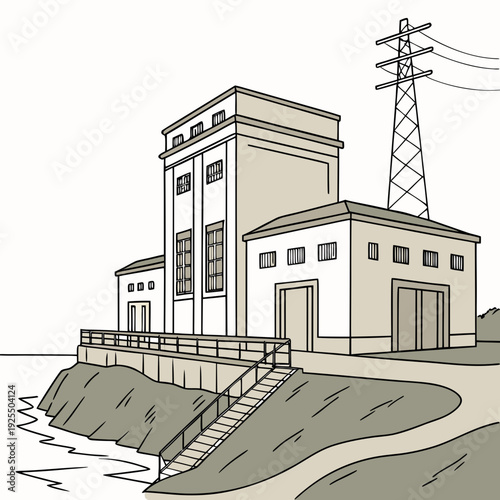 A large building with a tower and a power line