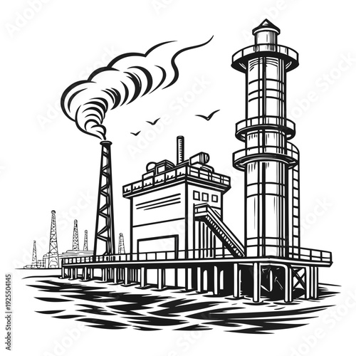 An industrial plant with a smokestack and lighthouse on the water
