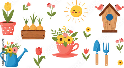 Spring Garden Vector Set with Watering Can, Flower Pot, Birdhouse, Tulips, Sun, and Gardening Tools Illustration