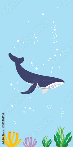 Background of blue whale in the sea. coral reef and seaweed