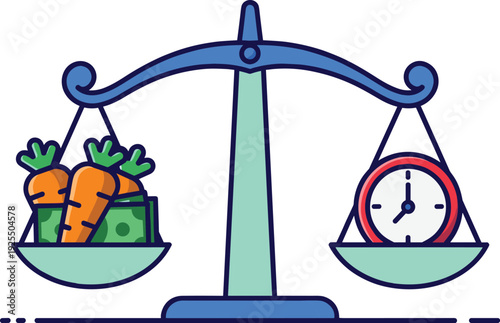 Balance scale illustration showing carrots and money versus clock, concept of weighing food, wealth, and time priorities in life decisions