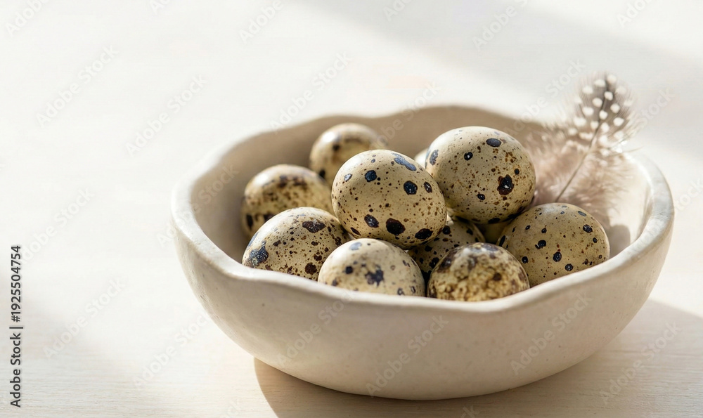 Obraz premium Minimalist still life of small speckled quail eggs in a handcrafted ceramic bowl