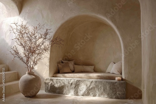A small room with a vase and a bench