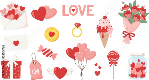 Valentine Love Vector Set with Hearts, Bouquet, Gift Box, Ring, Ice Cream, and Romantic Elements