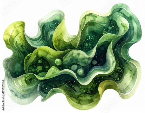 Watercolor Seaweed Abstract Green Layers Isolated on White Background