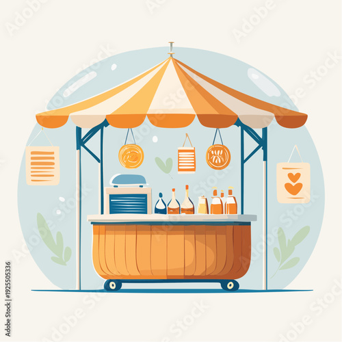 Outdoor market stall with canopy and various bottles and jars displayed