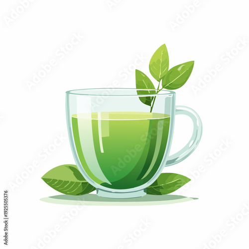 Freshly Brewed Green Tea in a Clear Glass Cup Surrounded by Green Leaves