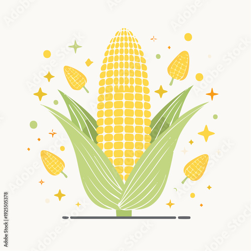 A fresh ear of corn with sparkling elements, isolated vector food illustration