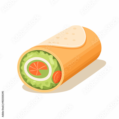 Vector illustration of a traditional Mexican burrito with fresh vegetable fillings, isolated on a white background