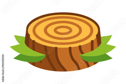 A charming cartoon illustration of a rounded tree stump, featuring warm brown tones and concentric rings, adorned with two vibrant green ribbon-like leaves.