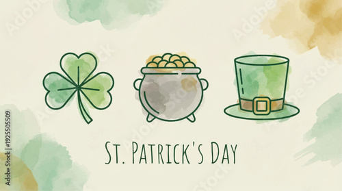 St. Patrick's Day symbols: Shamrock, pot of gold, and leprechaun hat. Festive graphics for a cultural celebration.