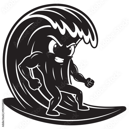 Stylized Black and White Surfer Mascot on a Crashing Wave