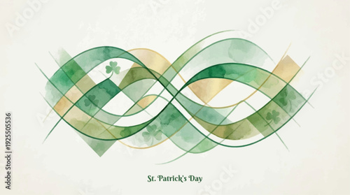 A visually appealing St. Patrick's Day abstract watercolor illustration featuring clover accents and intricate ribbon-like patterns. The design incorporates shades of green and gold.