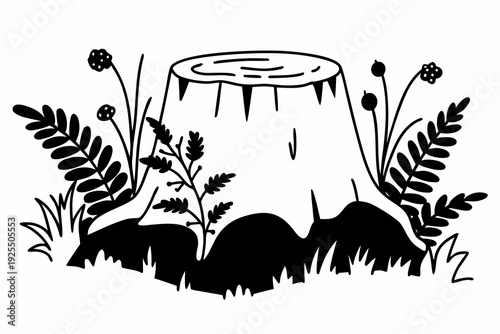 A minimalistic black and white outline drawing of a tree stump surrounded by various wild plants and grass, showcasing a simple forest floor scene.