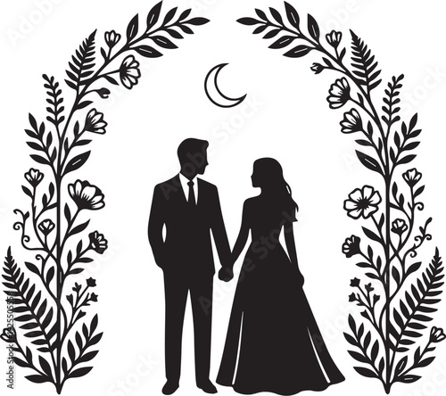 Wedding Couple Silhouette Under Floral Arch and Crescent Moon