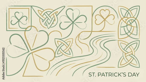 A collection of St. Patrick's Day design elements, showcasing the clover, with intricate knot designs and a flowing river motif. The artwork is done with a minimalist approach.
