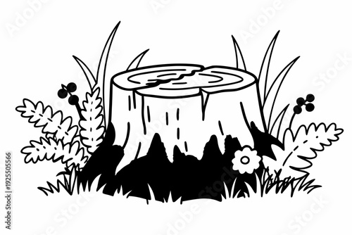 A striking black and white cartoon illustration depicting a sturdy tree stump with a visibly cracked top, nestled amongst tall grass, ferns, and small berry plants.