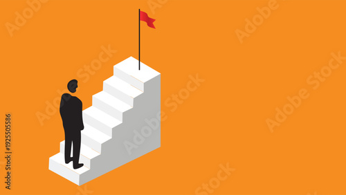 Businessman Standing Before Stairs with Goal Flag on Orange Background