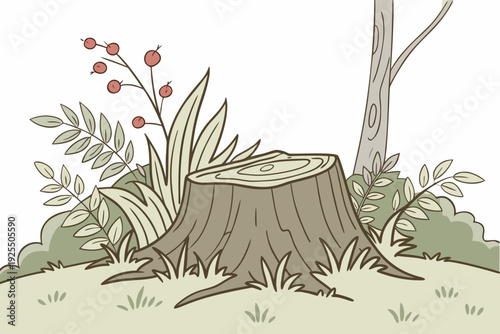 A muted cartoon illustration shows a solitary tree stump with growth rings, set amidst sparse green bushes, a distant tree trunk, and a branch of red berries.