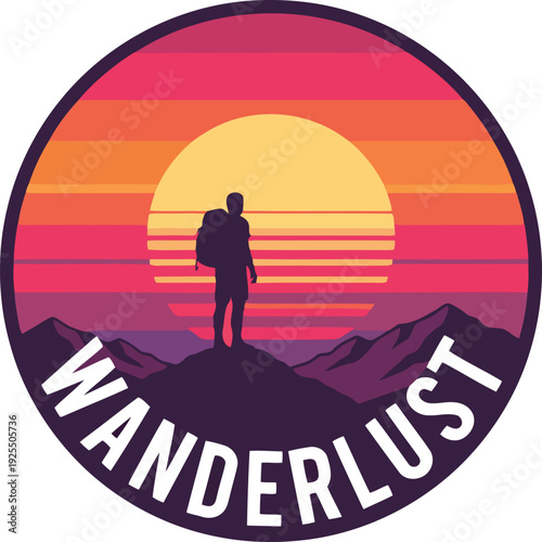 Vintage wanderlust hiker silhouette on mountain top watching colorful sunset over rocky peaks vector