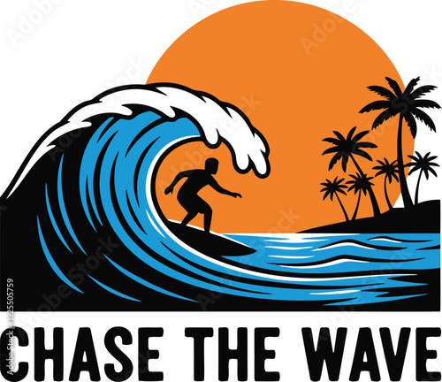 Surfer riding massive ocean wave at sunset palm trees and text chase the wave
