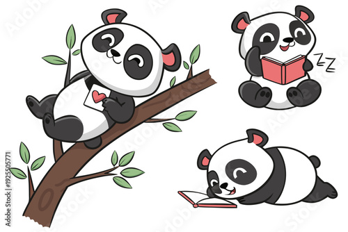 A heartwarming collection of three adorable cartoon pandas, one perched on a branch with a heart, another reading a book, and a third casually reading on the ground.