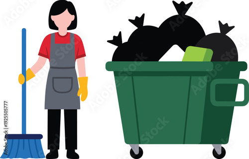 Cartoon janitor character with mop cleaning near green dumpster full of garbage bags, sanitation worker illustration for waste management concept