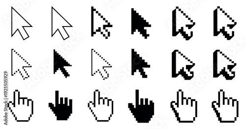 Mouse Click Cursor Icon Set, Hand and Arrow Pixel Cursor Vector