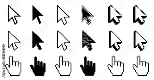 Universal Mouse Cursor Icon Set - Professional Collection of Arrow and Hand Clicking Symbols for Web and Interface Design