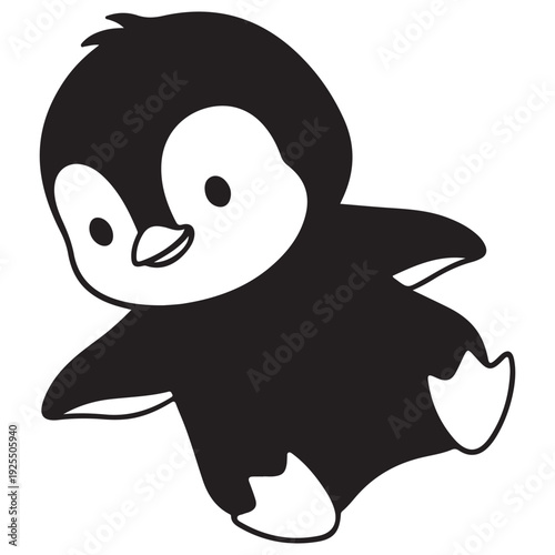 Adorable Cartoon Baby Penguin in Simple Black and White Illustration