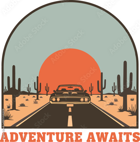 Retro desert road trip with vintage car under large sun and saguaro cacti vector illustration