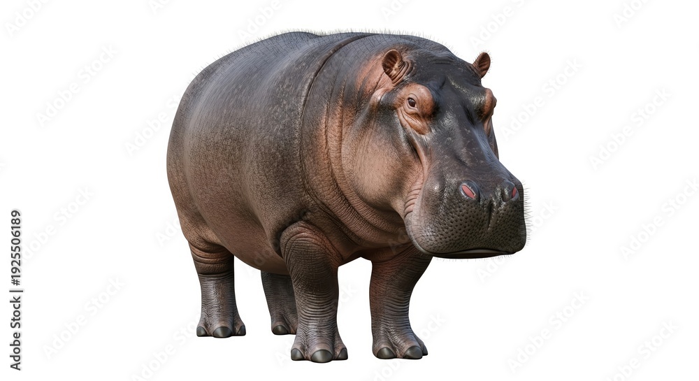 Obraz premium A majestic hippopotamus stands isolated, showcasing its powerful build and distinctive features, a magnificent creature of the wild ideal for nature and animal-themed content