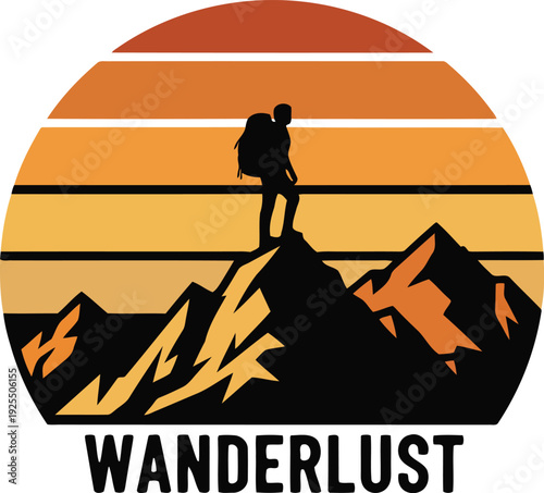 Hiker silhouette on mountain peak at sunset, wanderlust quote, epic mountain range backdrop