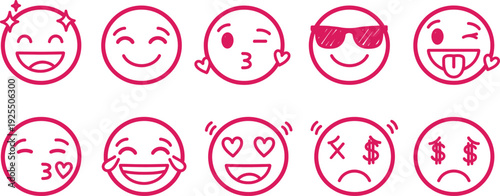 Set of diverse emoticon faces with various expressions on white background, modern design