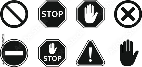 Collection of black and white warning signs with hands and stop symbols for safety on white background