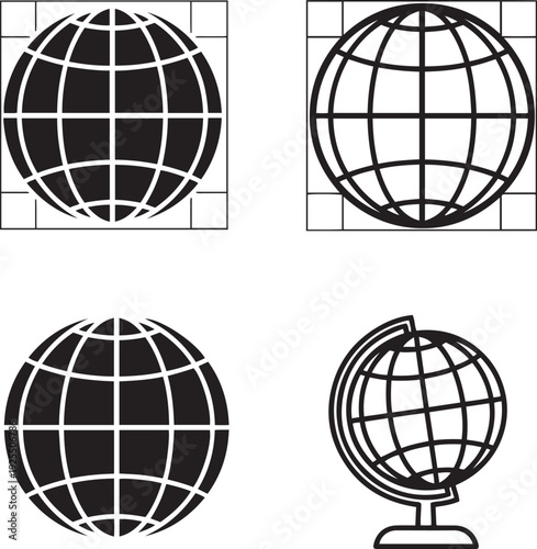 Four black and white of globes with grid lines earth geography symbol