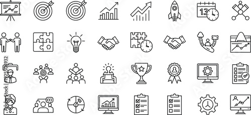 Business productivity icons collection, project management vector set, teamwork and leadership symbols, data analysis design pack, goal setting illustration