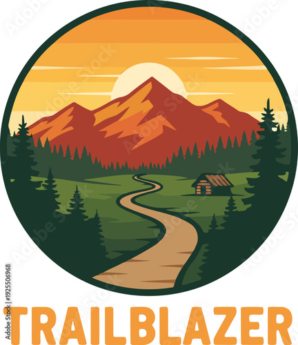 Trailblazer mountain landscape path wooden cabin sunset forest trees nature adventure