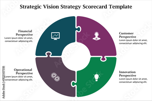 Strategic vision strategy scorecard template. Infographic template with icons and description placeholder