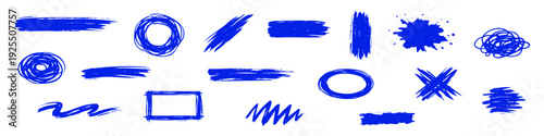 Set of blue hand-drawn brush strokes, ink splats, and geometric shapes like circles and rectangles. Abstract textured elements on white background.