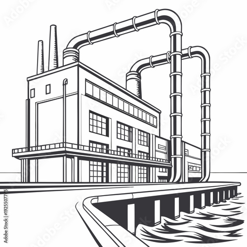 Industrial building with pipes and a body of water