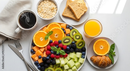 Healthy breakfast spread with fruit, toast, coffee and juice