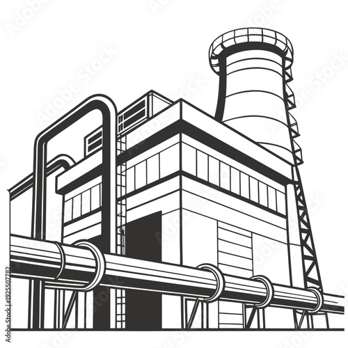 A black and white drawing of a factory with a smokestack