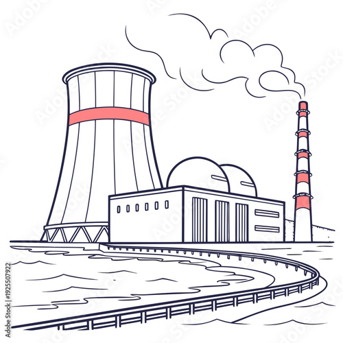 A nuclear power plant with a cooling tower and smokestack